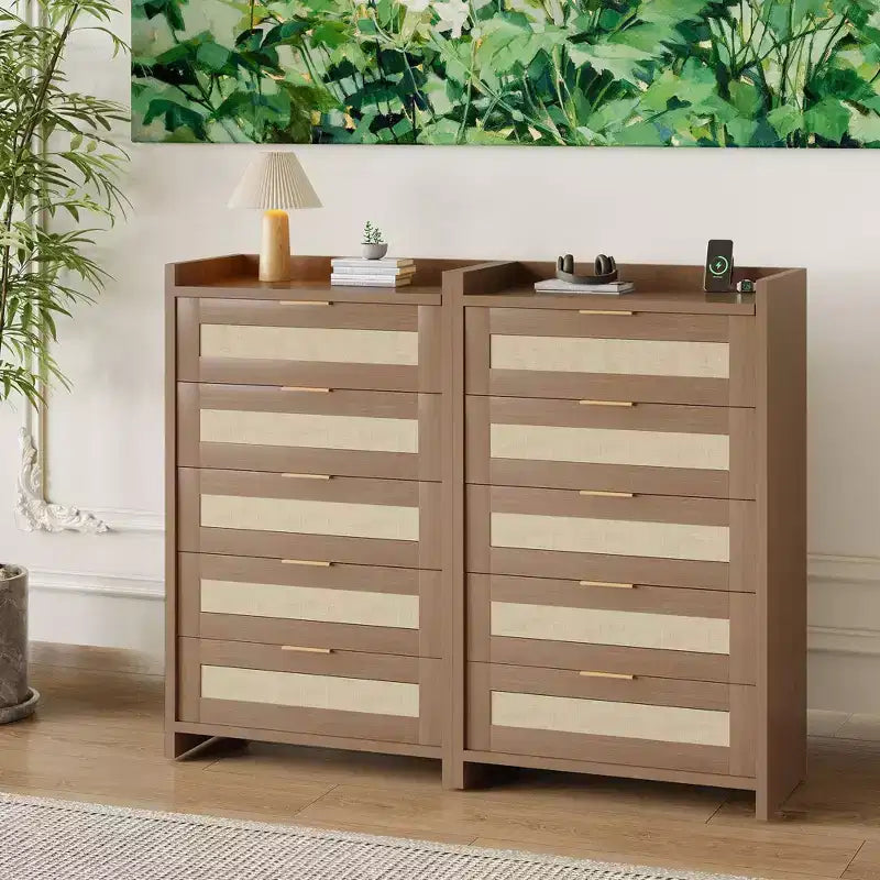 COZONY Commode en rotin, meuble de rangement haut à 5 tiroirs avec poignées métalliques pour chambre à coucher et salon