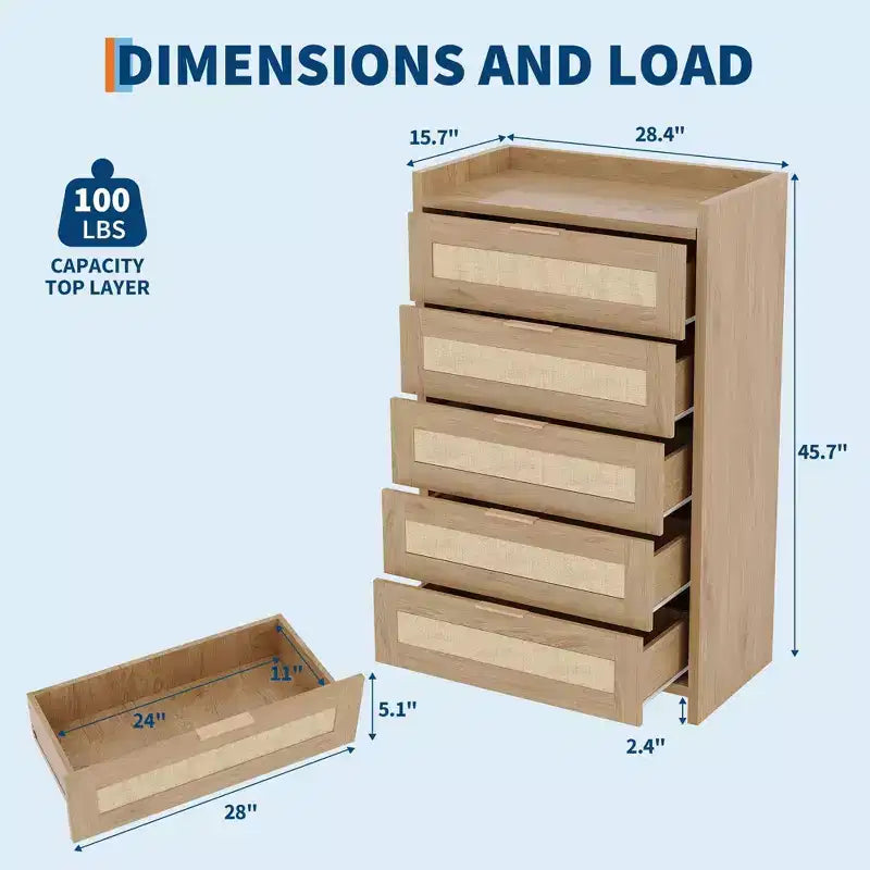 COZONY Commode en rotin, meuble de rangement haut à 5 tiroirs avec poignées métalliques pour chambre à coucher et salon