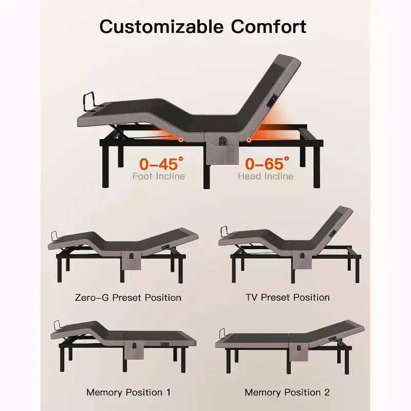 Cadre de lit ajustable Queen size, dégagement zéro et mode zéro gravité, lit électrique avec inclinaison tête et pieds, 4 ports USB et télécommande sans fil