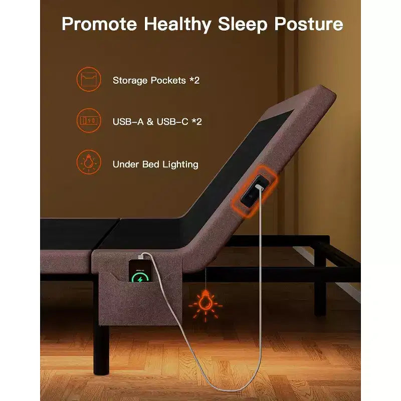 Cadre de lit ajustable Queen size, dégagement zéro et mode zéro gravité, lit électrique avec inclinaison tête et pieds, 4 ports USB et télécommande sans fil