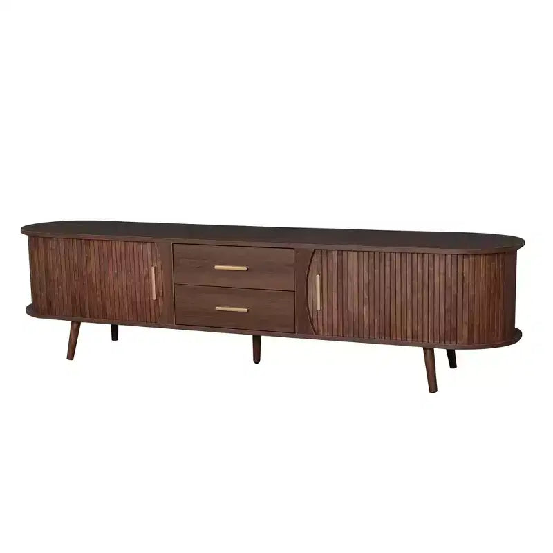 PexFix Meuble TV moderne du milieu du siècle de 180 cm, centre de divertissement pour téléviseurs de 80 pouces, avec rangement pour salon, chambre à coucher, table de console multimédia avec 2 tiroirs, marron.