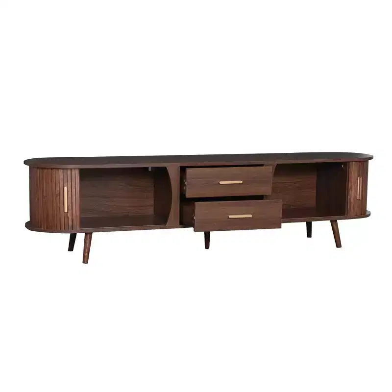 PexFix Meuble TV moderne du milieu du siècle de 180 cm, centre de divertissement pour téléviseurs de 80 pouces, avec rangement pour salon, chambre à coucher, table de console multimédia avec 2 tiroirs, marron.