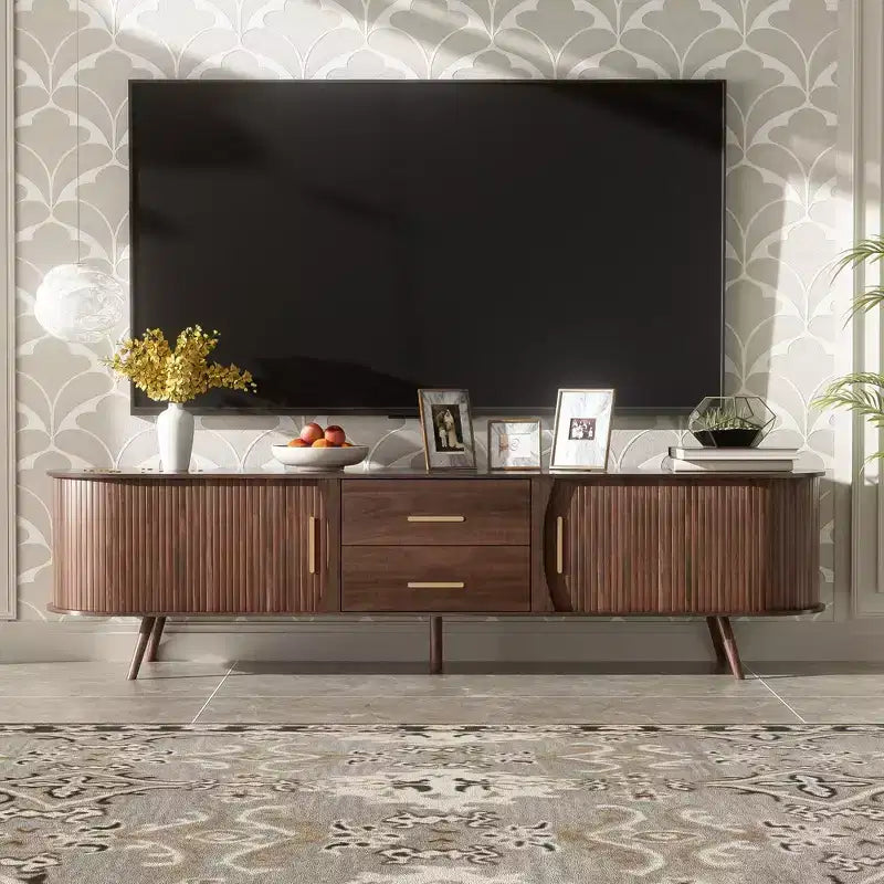 PexFix Meuble TV moderne du milieu du siècle de 180 cm, centre de divertissement pour téléviseurs de 80 pouces, avec rangement pour salon, chambre à coucher, table de console multimédia avec 2 tiroirs, marron.