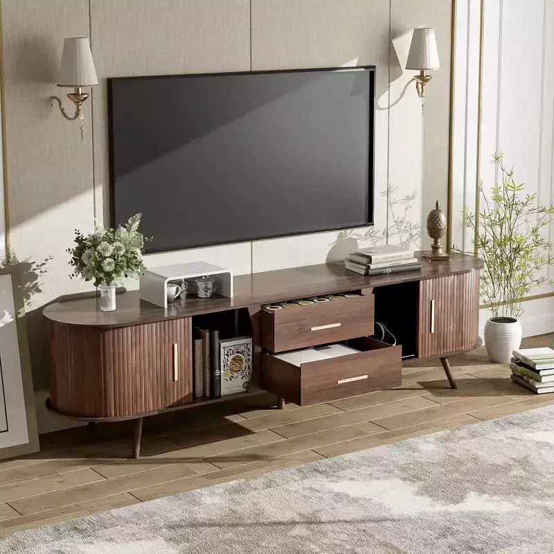PexFix Meuble TV moderne du milieu du siècle de 180 cm, centre de divertissement pour téléviseurs de 80 pouces, avec rangement pour salon, chambre à coucher, table de console multimédia avec 2 tiroirs, marron.