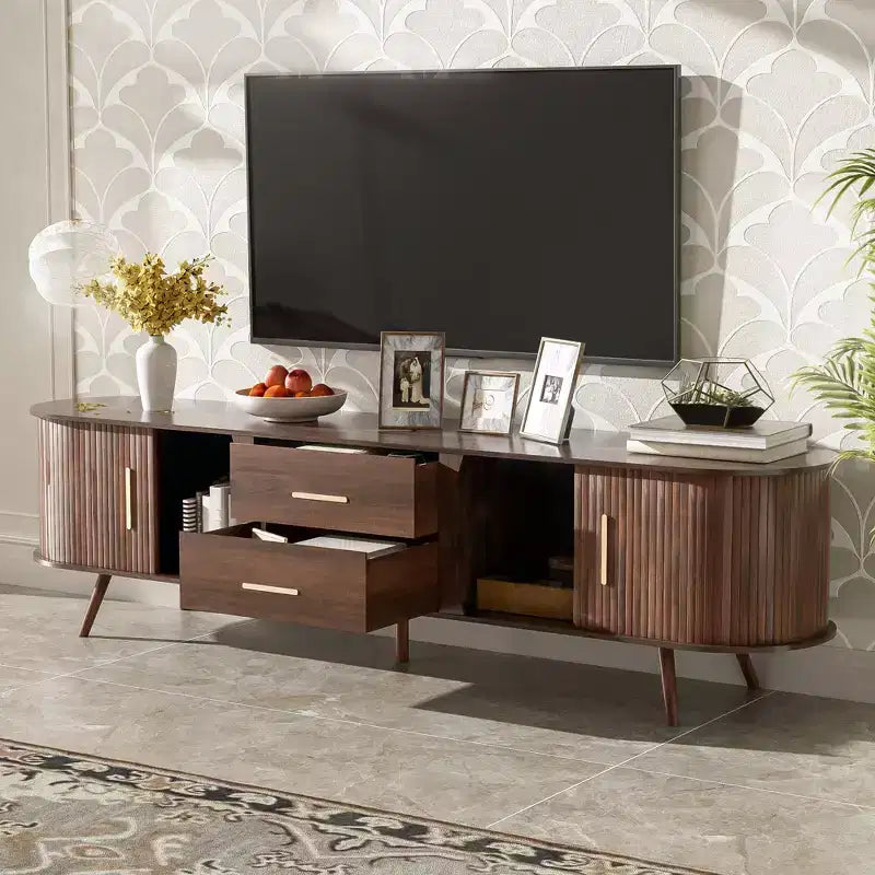PexFix Meuble TV moderne du milieu du siècle de 180 cm, centre de divertissement pour téléviseurs de 80 pouces, avec rangement pour salon, chambre à coucher, table de console multimédia avec 2 tiroirs, marron.