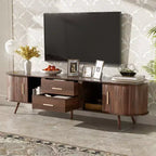 PexFix Meuble TV moderne du milieu du siècle de 180 cm, centre de divertissement pour téléviseurs de 80 pouces, avec rangement pour salon, chambre à coucher, table de console multimédia avec 2 tiroirs, marron.