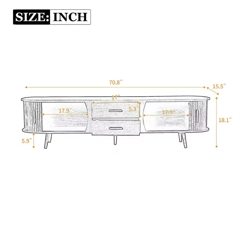 PexFix Meuble TV moderne du milieu du siècle de 180 cm, centre de divertissement pour téléviseurs de 80 pouces, avec rangement pour salon, chambre à coucher, table de console multimédia avec 2 tiroirs, marron.