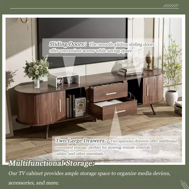 PexFix Meuble TV moderne du milieu du siècle de 180 cm, centre de divertissement pour téléviseurs de 80 pouces, avec rangement pour salon, chambre à coucher, table de console multimédia avec 2 tiroirs, marron.