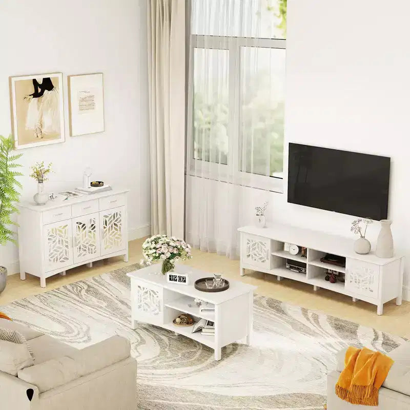 Meuble TV moderne Bestier pour téléviseurs jusqu'à 75 pouces, console TV avec étagère de rangement réglable, miroir décoratif, centre de divertissement pour salon