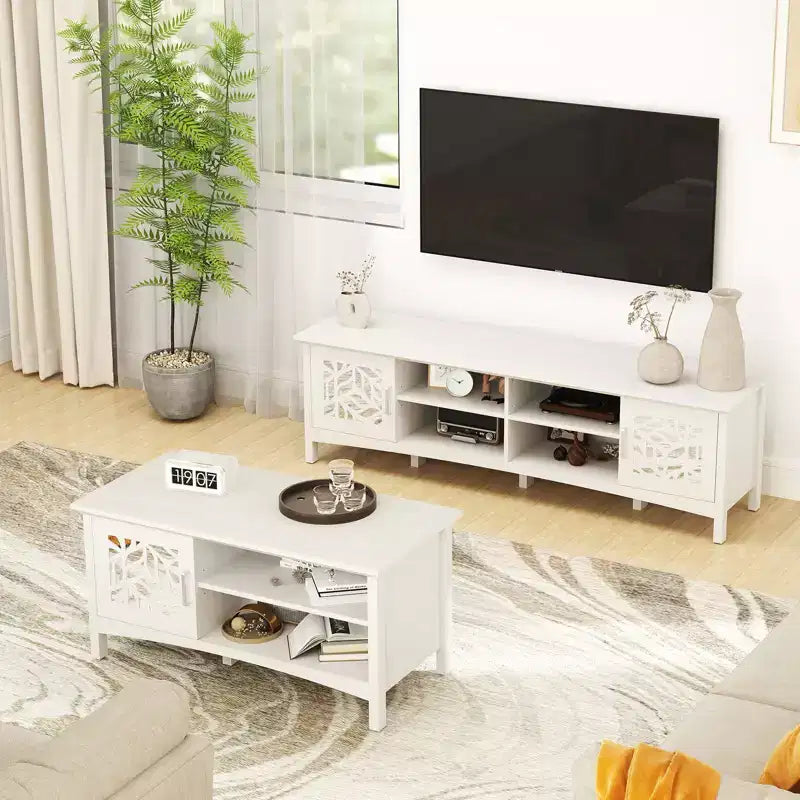 Meuble TV moderne Bestier pour téléviseurs jusqu'à 75 pouces, console TV avec étagère de rangement réglable, miroir décoratif, centre de divertissement pour salon