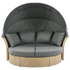 Lit de repos extérieur, canapé rond avec coussins, 4 oreillers, housses de coussin à fermetures éclair, cadre en fer, auvent rétractable pour jardin, cour, pelouse, porche