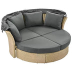 Lit de repos extérieur, canapé rond avec coussins, 4 oreillers, housses de coussin à fermetures éclair, cadre en fer, auvent rétractable pour jardin, cour, pelouse, porche