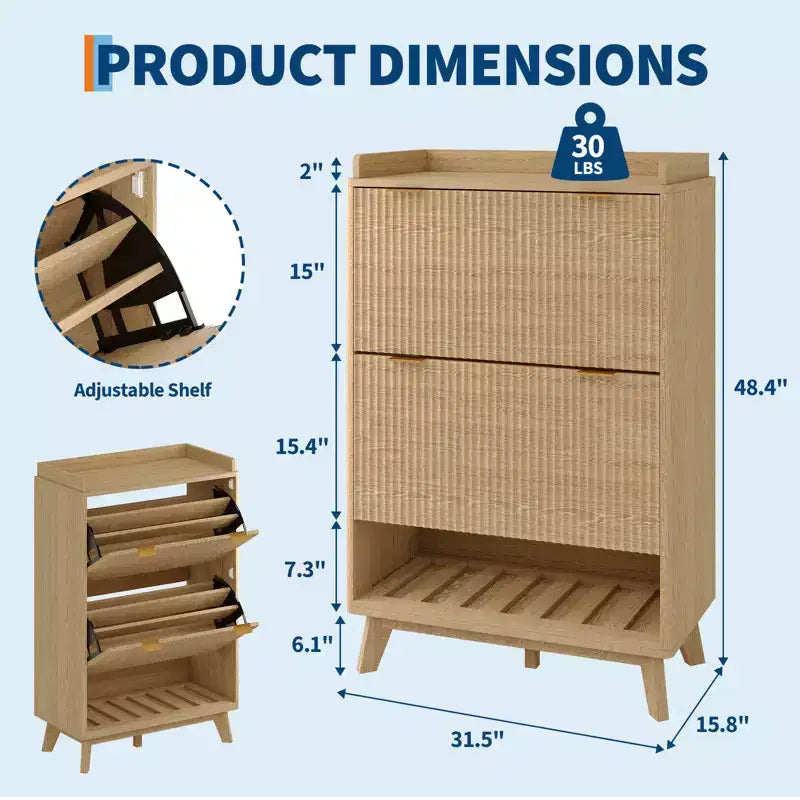 Meuble à chaussures cannelé pour entrée, Rangement à chaussures étroit moderne, Étagère inférieure ouverte, 2 tiroirs basculants, Étagères réglables