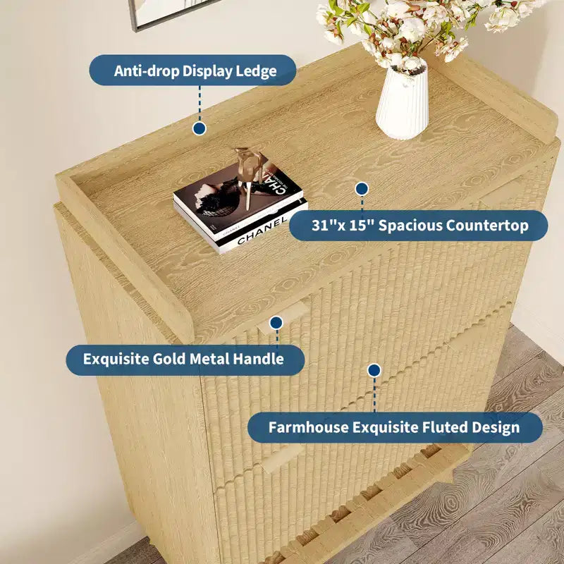 Meuble à chaussures cannelé pour entrée, Rangement à chaussures étroit moderne, Étagère inférieure ouverte, 2 tiroirs basculants, Étagères réglables