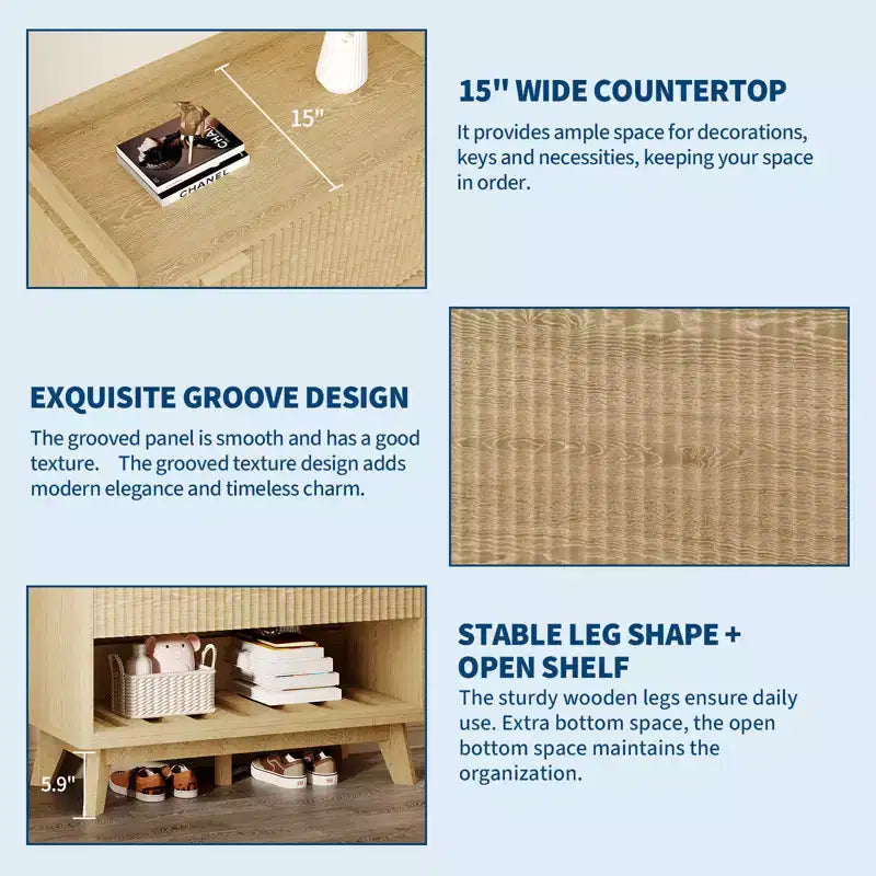 Meuble à chaussures cannelé pour entrée, Rangement à chaussures étroit moderne, Étagère inférieure ouverte, 2 tiroirs basculants, Étagères réglables