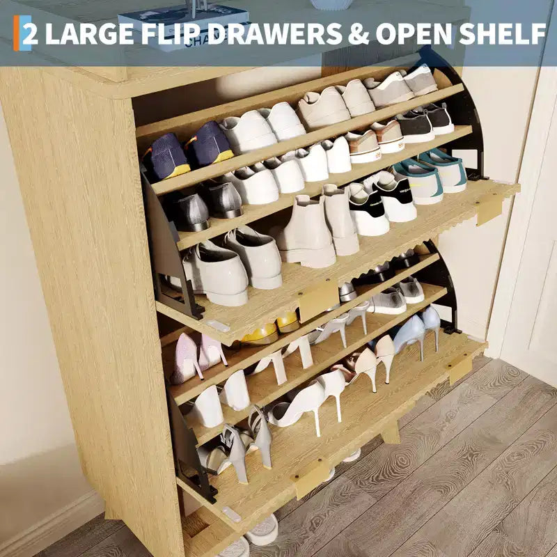 Meuble à chaussures cannelé pour entrée, Rangement à chaussures étroit moderne, Étagère inférieure ouverte, 2 tiroirs basculants, Étagères réglables