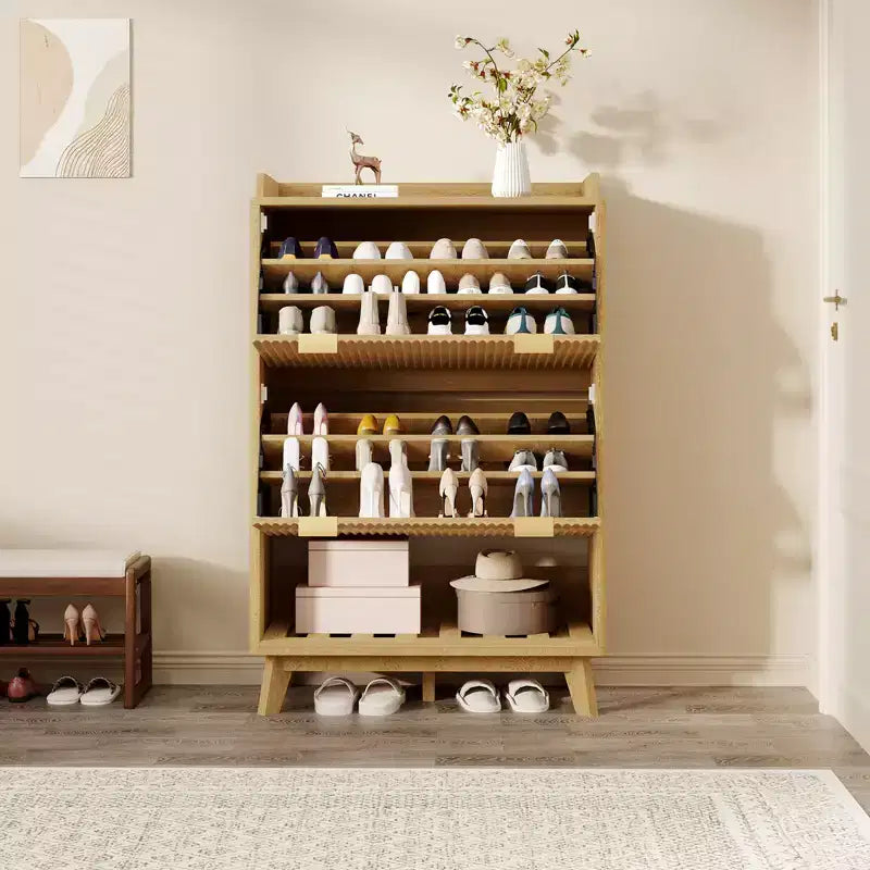 Meuble à chaussures cannelé pour entrée, Rangement à chaussures étroit moderne, Étagère inférieure ouverte, 2 tiroirs basculants, Étagères réglables