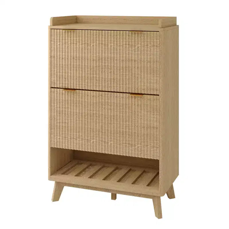 Meuble à chaussures cannelé pour entrée, Rangement à chaussures étroit moderne, Étagère inférieure ouverte, 2 tiroirs basculants, Étagères réglables