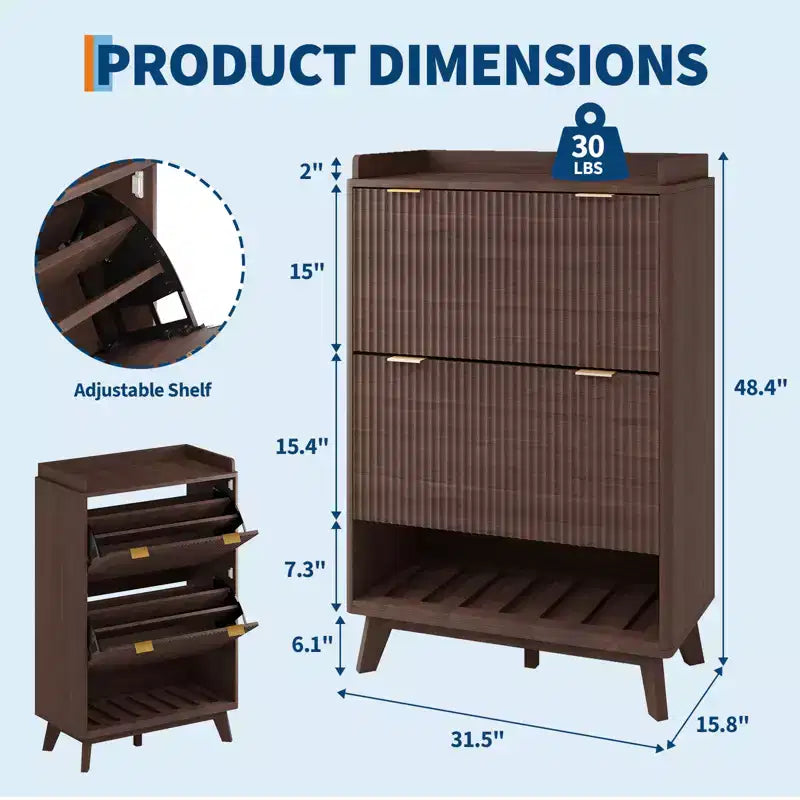 Meuble à chaussures cannelé pour entrée, Rangement à chaussures étroit moderne, Étagère inférieure ouverte, 2 tiroirs basculants, Étagères réglables