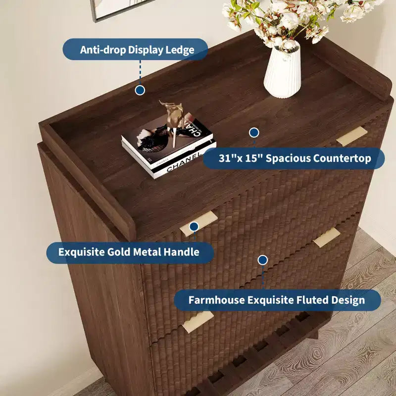 Meuble à chaussures cannelé pour entrée, Rangement à chaussures étroit moderne, Étagère inférieure ouverte, 2 tiroirs basculants, Étagères réglables