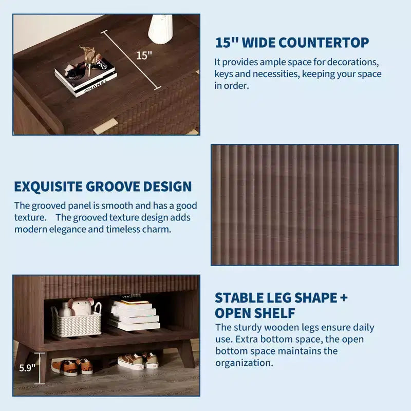 Meuble à chaussures cannelé pour entrée, Rangement à chaussures étroit moderne, Étagère inférieure ouverte, 2 tiroirs basculants, Étagères réglables