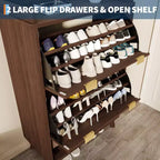 Meuble à chaussures cannelé pour entrée, Rangement à chaussures étroit moderne, Étagère inférieure ouverte, 2 tiroirs basculants, Étagères réglables