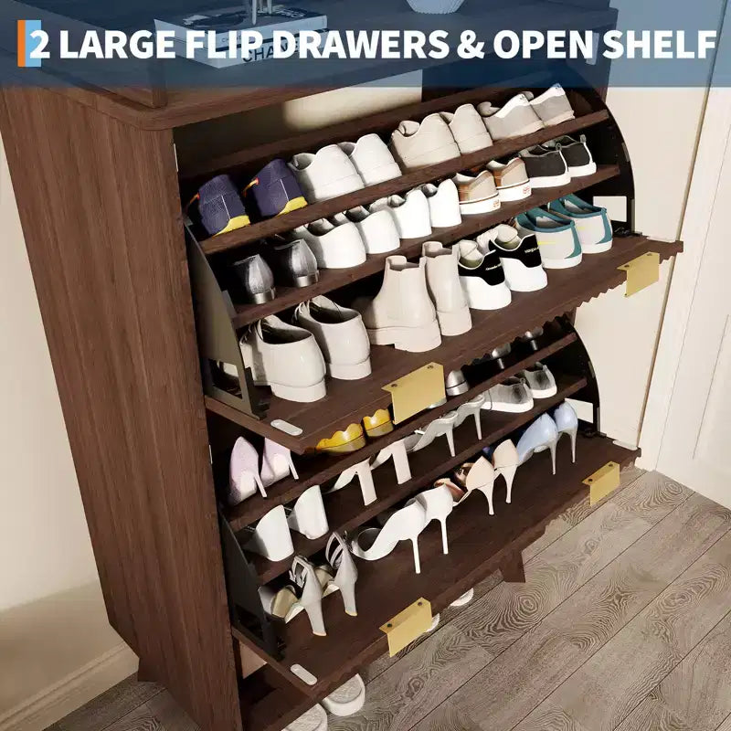 Meuble à chaussures cannelé pour entrée, Rangement à chaussures étroit moderne, Étagère inférieure ouverte, 2 tiroirs basculants, Étagères réglables