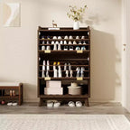 Meuble à chaussures cannelé pour entrée, Rangement à chaussures étroit moderne, Étagère inférieure ouverte, 2 tiroirs basculants, Étagères réglables