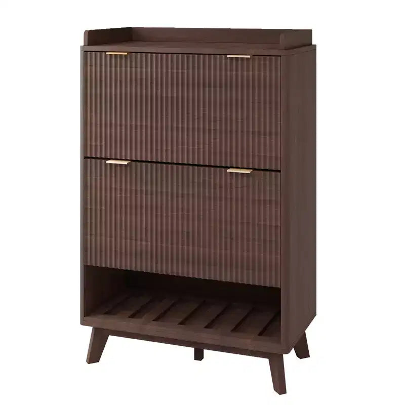Meuble à chaussures cannelé pour entrée, Rangement à chaussures étroit moderne, Étagère inférieure ouverte, 2 tiroirs basculants, Étagères réglables