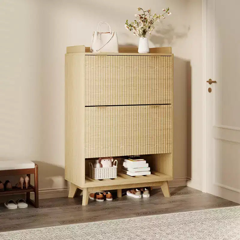 Meuble à chaussures cannelé pour entrée, Rangement à chaussures étroit moderne, Étagère inférieure ouverte, 2 tiroirs basculants, Étagères réglables