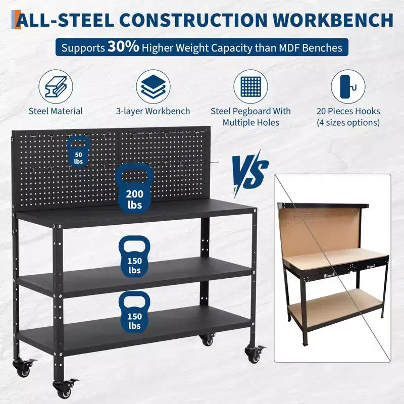 Établi COZONY avec panneau perforé, table de travail à cadre en acier avec étagères de rangement pour garage et atelier