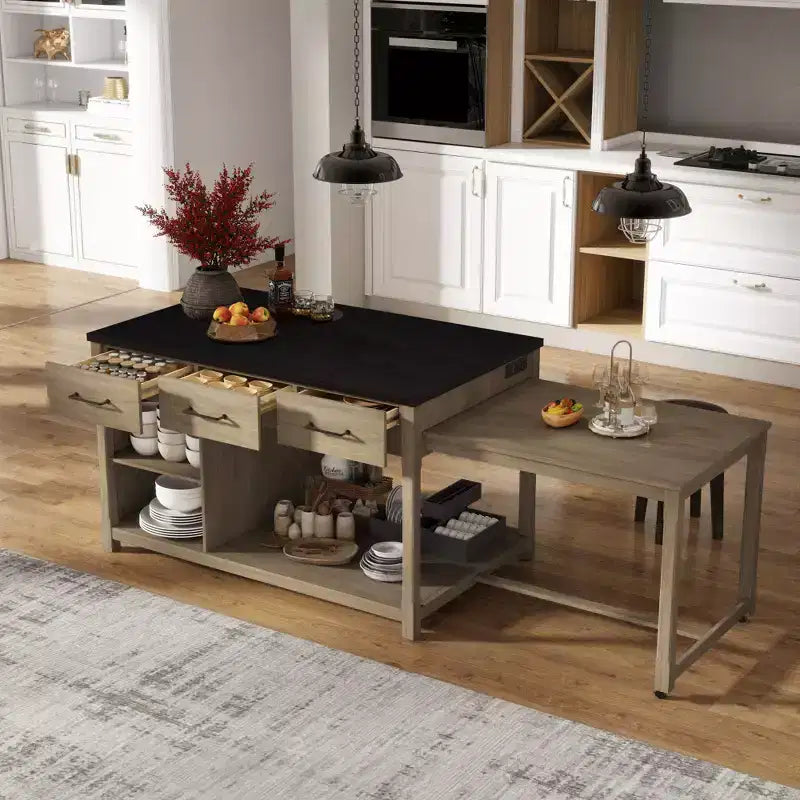 Clihome Îlot de cuisine extensible avec rangement, Chariot de cuisine multifonctionnel avec prises de courant intégrées, avec tiroirs et étagères ouvertes pour la cuisine