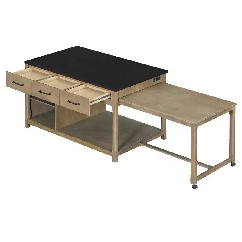 Clihome Îlot de cuisine extensible avec rangement, Chariot de cuisine multifonctionnel avec prises de courant intégrées, avec tiroirs et étagères ouvertes pour la cuisine