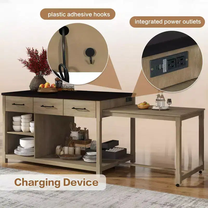 Clihome Îlot de cuisine extensible avec rangement, Chariot de cuisine multifonctionnel avec prises de courant intégrées, avec tiroirs et étagères ouvertes pour la cuisine