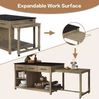 Clihome Îlot de cuisine extensible avec rangement, Chariot de cuisine multifonctionnel avec prises de courant intégrées, avec tiroirs et étagères ouvertes pour la cuisine