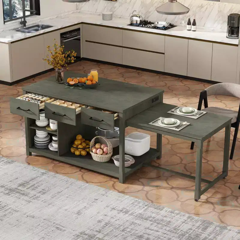 Clihome Îlot de cuisine extensible avec rangement, Chariot de cuisine multifonctionnel avec prises de courant intégrées, avec tiroirs et étagères ouvertes pour la cuisine