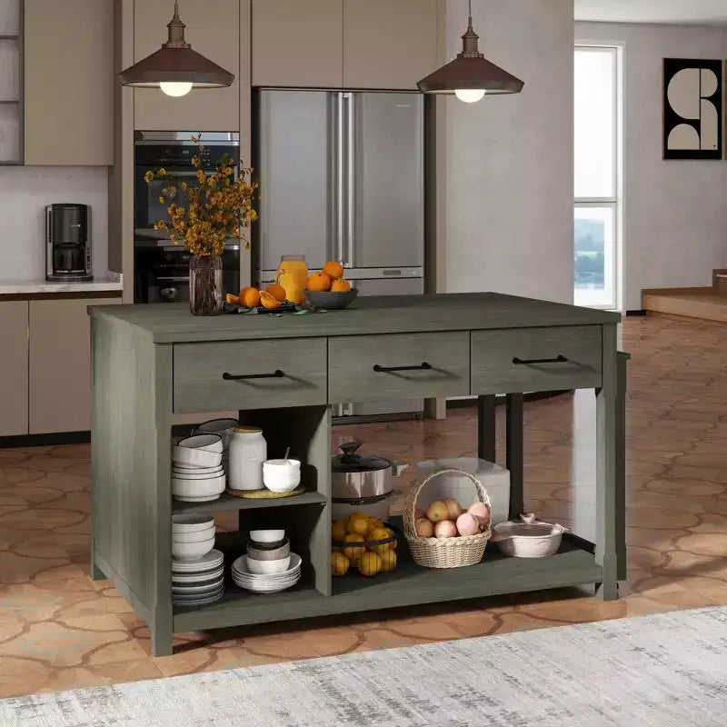 Clihome Îlot de cuisine extensible avec rangement, Chariot de cuisine multifonctionnel avec prises de courant intégrées, avec tiroirs et étagères ouvertes pour la cuisine