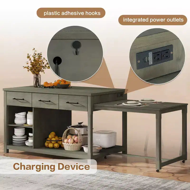 Clihome Îlot de cuisine extensible avec rangement, Chariot de cuisine multifonctionnel avec prises de courant intégrées, avec tiroirs et étagères ouvertes pour la cuisine