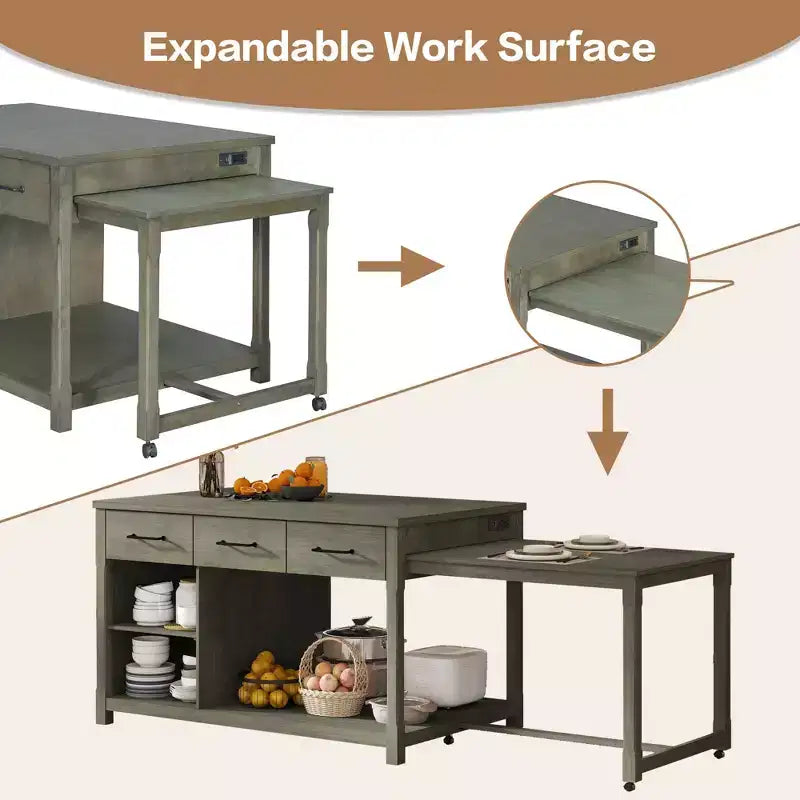 Clihome Îlot de cuisine extensible avec rangement, Chariot de cuisine multifonctionnel avec prises de courant intégrées, avec tiroirs et étagères ouvertes pour la cuisine