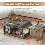 Clihome Îlot de cuisine extensible avec rangement, Chariot de cuisine multifonctionnel avec prises de courant intégrées, avec tiroirs et étagères ouvertes pour la cuisine