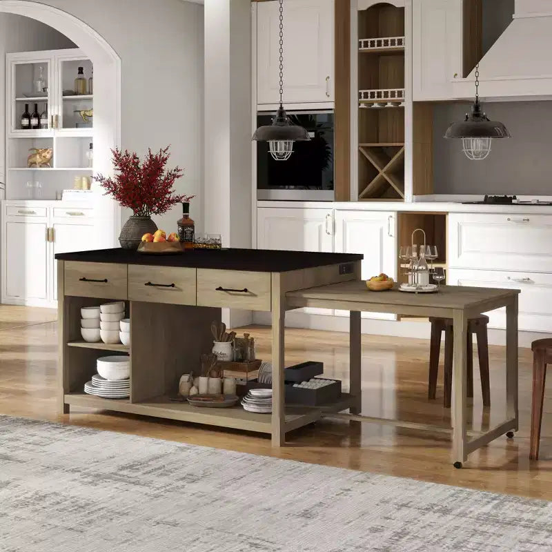 Clihome Îlot de cuisine extensible avec rangement, Chariot de cuisine multifonctionnel avec prises de courant intégrées, avec tiroirs et étagères ouvertes pour la cuisine