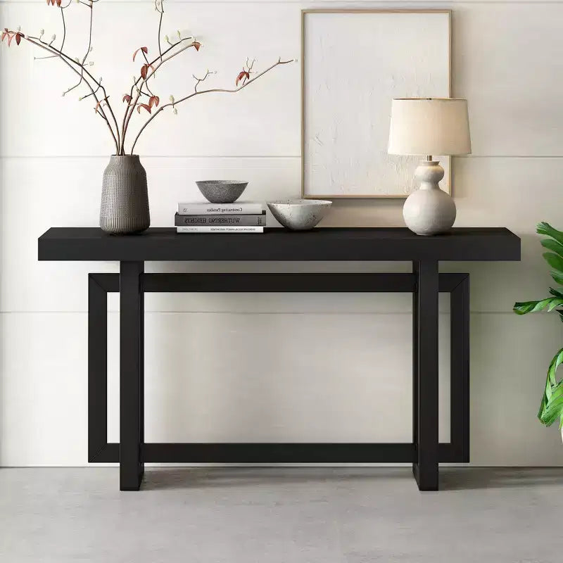 TUYOHW 59.1 Modern Console Table with Pine Legs,Pine Veneer Entryway Table,Interlocking Geometric Sofa Table for Living Room,Hallway,Entryway