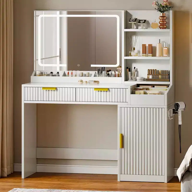 Balconera Coiffeuse avec Grand Miroir Lumineux, Table de Maquillage avec Étagères, 2 Tiroirs, 3 Modes d'Éclairage, Luminosité Réglable
