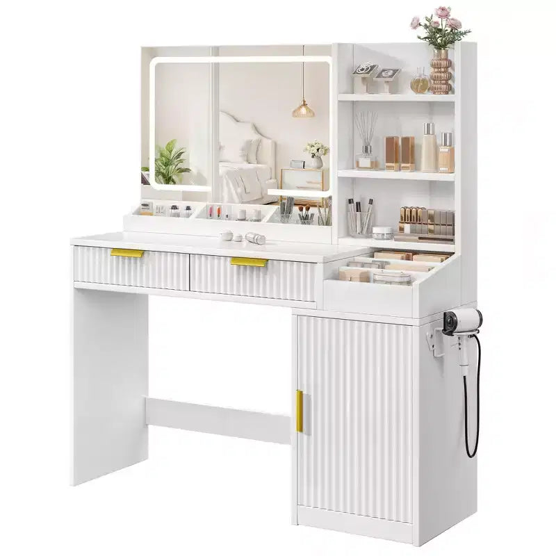Balconera Coiffeuse avec Grand Miroir Lumineux, Table de Maquillage avec Étagères, 2 Tiroirs, 3 Modes d'Éclairage, Luminosité Réglable