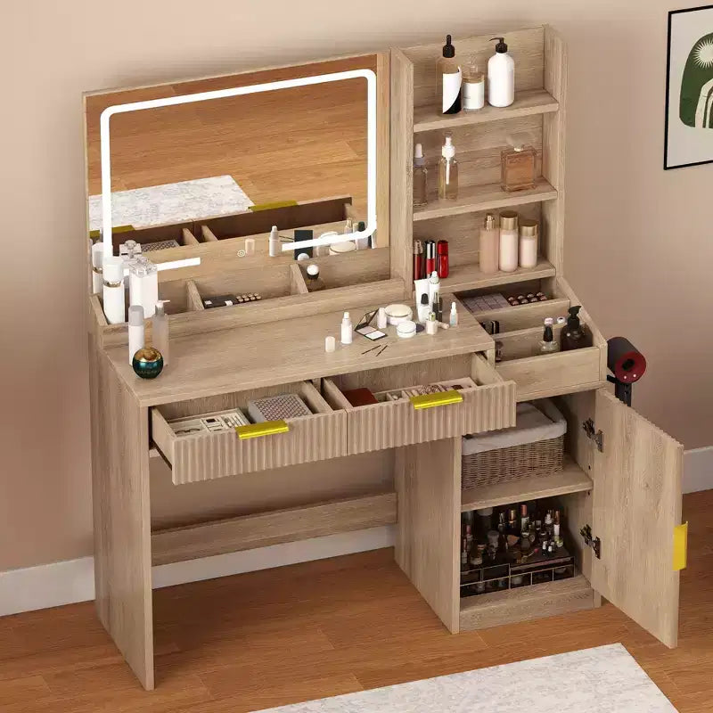 Balconera Coiffeuse avec Grand Miroir Lumineux, Table de Maquillage avec Étagères, 2 Tiroirs, 3 Modes d'Éclairage, Luminosité Réglable