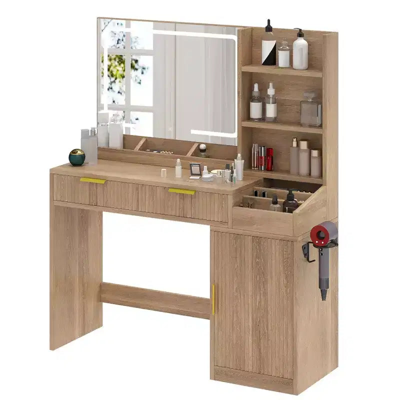 Balconera Coiffeuse avec Grand Miroir Lumineux, Table de Maquillage avec Étagères, 2 Tiroirs, 3 Modes d'Éclairage, Luminosité Réglable