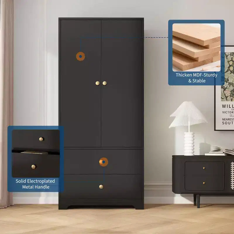 Armoire de 71 po, armoire de chambre moderne en bois avec 2 tiroirs et 2 portes et étagères réglables, meuble de rangement pour vêtements avec tringle à suspendre