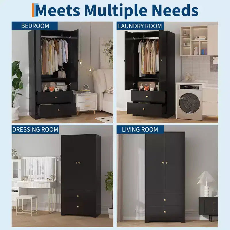 Armoire de 71 po, armoire de chambre moderne en bois avec 2 tiroirs et 2 portes et étagères réglables, meuble de rangement pour vêtements avec tringle à suspendre