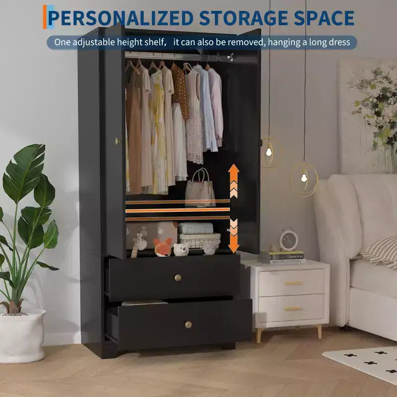 Armoire de 71 po, armoire de chambre moderne en bois avec 2 tiroirs et 2 portes et étagères réglables, meuble de rangement pour vêtements avec tringle à suspendre