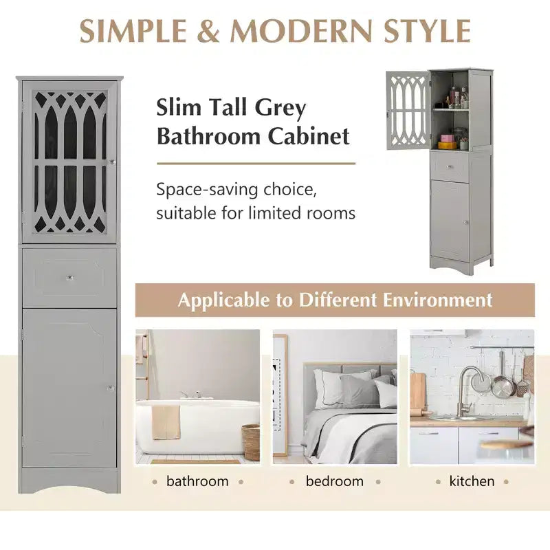 GDFStudio Leona Meuble de Rangement Haut Autonome de Salle de Bain en Bois Moderne avec Tiroir, Porte Acrylique et Étagère Réglable